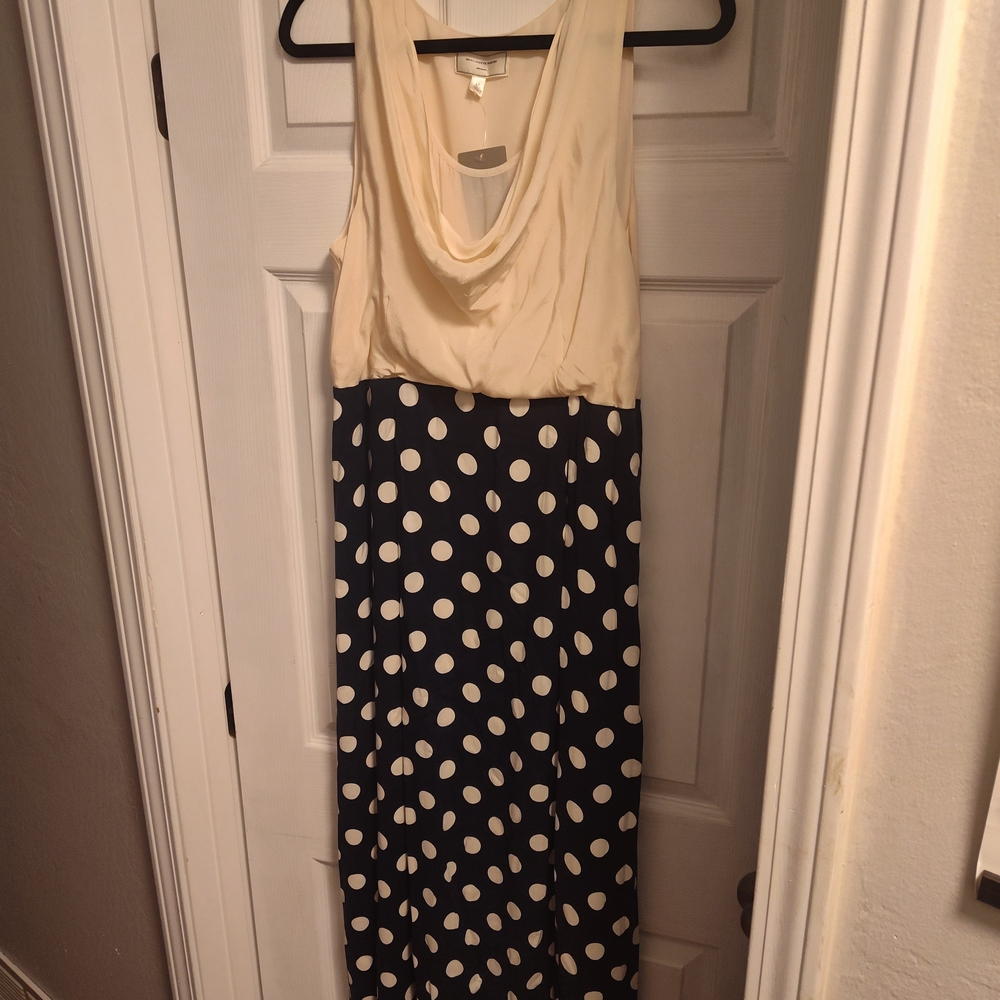 Moulinette Soeurs Anthropology Sleeveless Cream & Navy Polka Dot Maxi Dress